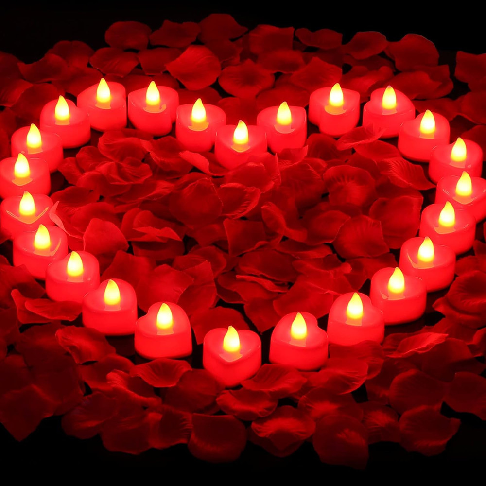 Rose Petals for Romantic Night – Artificial Red Rose Petals with LED Candles for