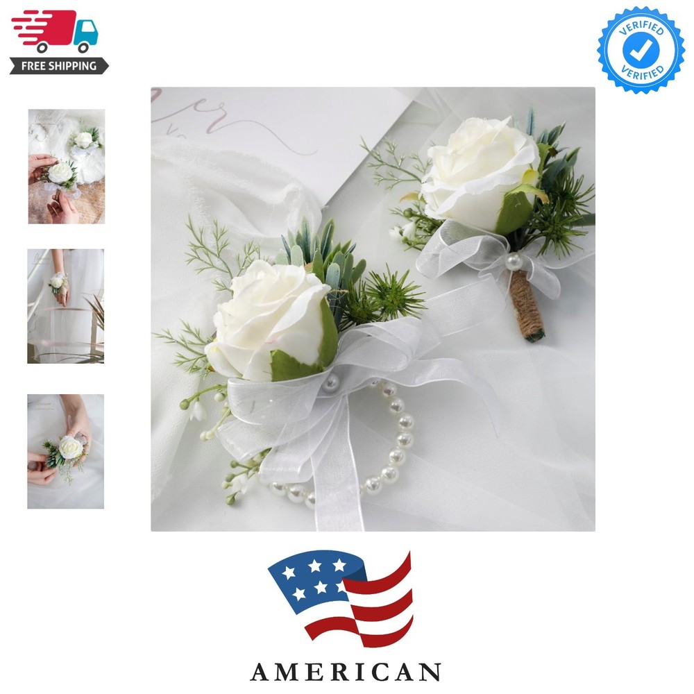 Ivory Rose Wrist Corsage Wristlet Band Bracelet and Men Boutonniere Set for W…
