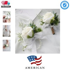 Ivory Rose Wrist Corsage Wristlet Band Bracelet and Men Boutonniere Set for W…