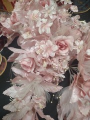 1970s Vintage Silk Wedding Bouquet, 18″ Satin Leaves, Roses, Stephanotis, Pearls