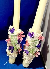 Beautiful ✨Wedding Taper Candle Set W Pink & Purple Flowers 🌸 + Pair To Light!