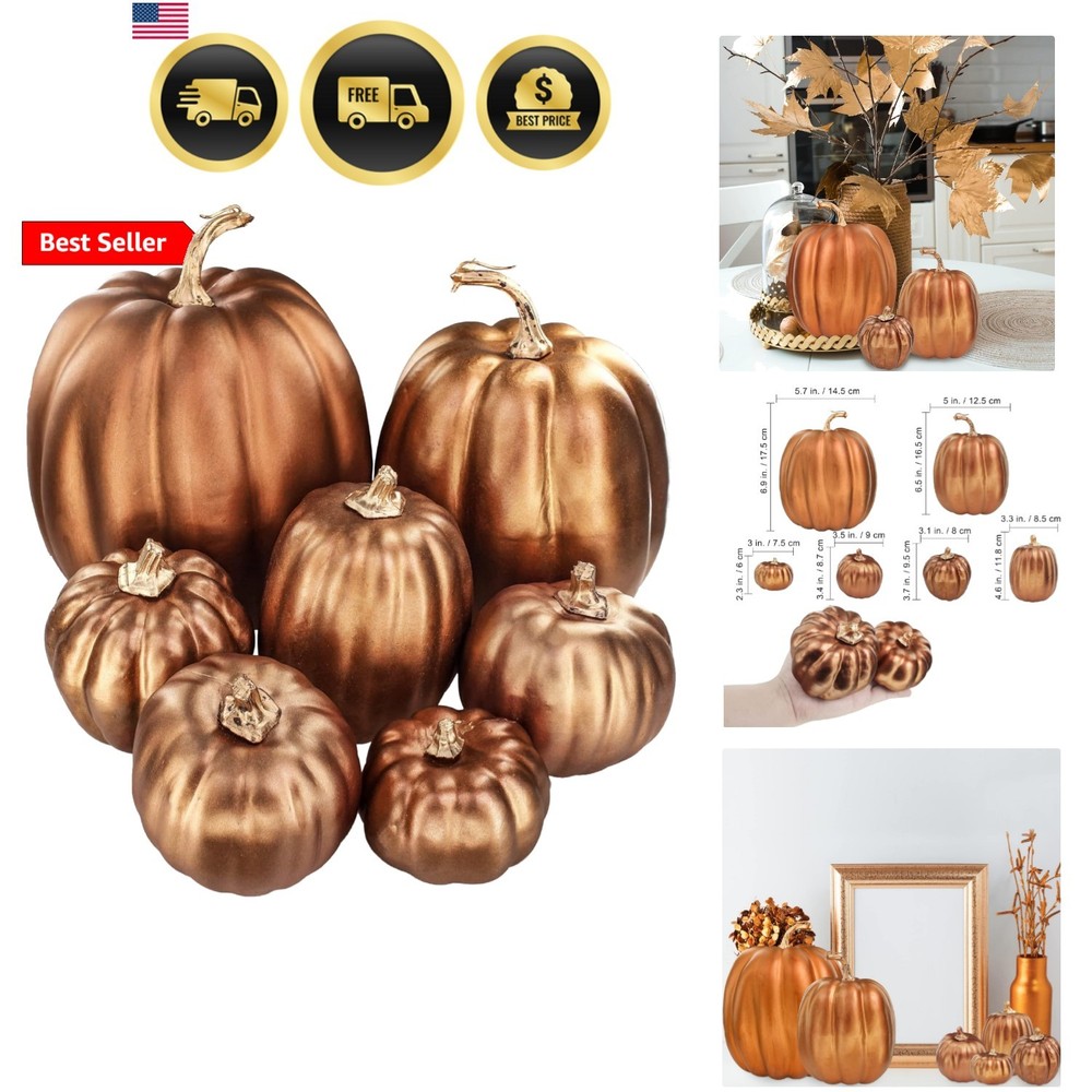 7 Pcs Assorted Sizes Artificial Metallic Bronze Pumpkins Rustic Decorative Fa…