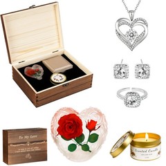 Preserved Roses with Heart Necklace & Candle, Mothers Day Silver