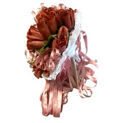 VTG Silk Flower & Lace Streamers Wedding Bridal Bouquet Red Rose & Pink Ribbons