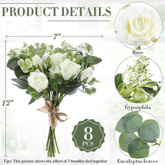 Set of 8 Bridesmaid Bouquets 7 Inch White Wedding Bouquets Faux Flowers Rustic F