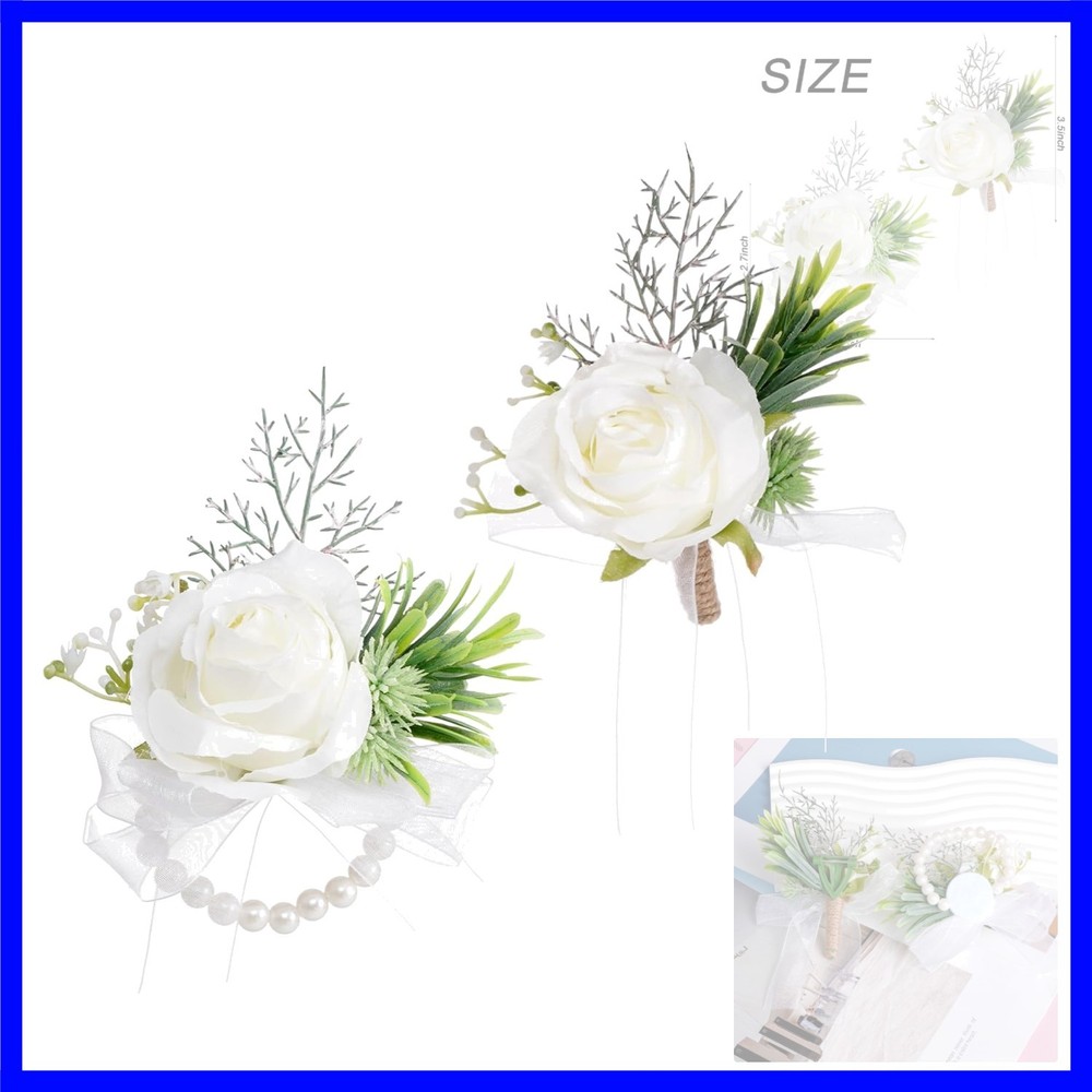 2 Pcs White Corsage and Boutonniere Set Artificial Rose Corsage Writlet Band …