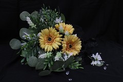 Gold/yellow gerbera daisy & white freesia floral bouquet w/ boutonniere