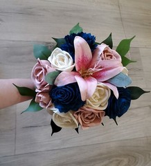 Pink Stargazer Lily Bridal Bouquet Navy Blue Sola Wood Cascade Bridesmaid Flower