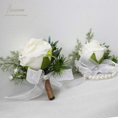 Handcrafted Faux Silk Ivory Rose Floral Set: Corsage and Boutonniere for Events