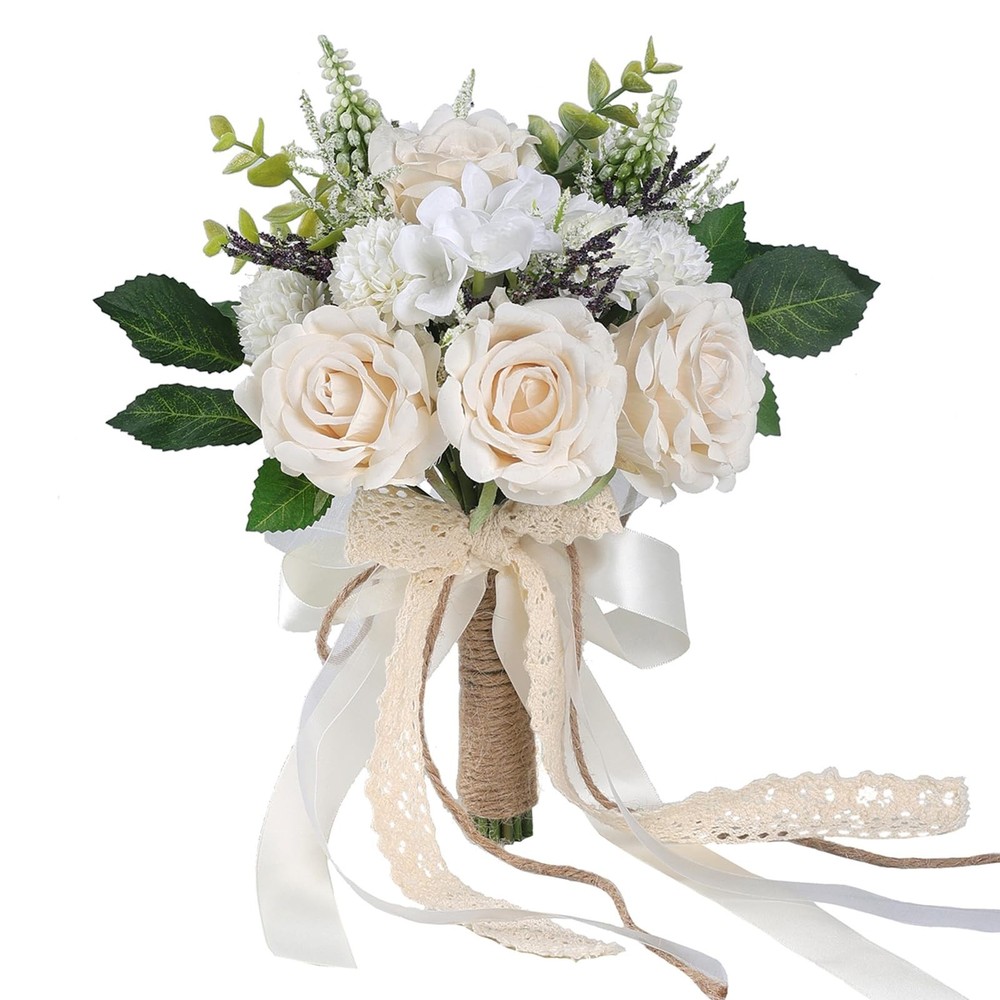 Elegant White Champagne Artificial Rose Wedding Bouquets for Bride & Bridesmaid,
