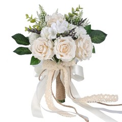 Elegant White Champagne Artificial Rose Wedding Bouquets for Bride & Bridesmaid,