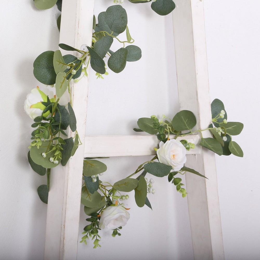 5.5 ft GREEN WHITE Eucalyptus Leaves GARLAND Silk Rose Flower Heads Party Events