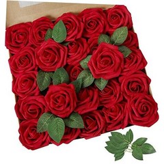 Artificial Flowers Rose Real Looking Fake Roses w/Stem for DIY 50pcs Dark Red