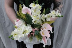 Pink cala lily and white orchid floral bouquet w/ matching boutonniere