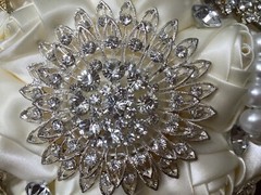 Beautiful White Wedding Brooch Bouquet Gems & Pearl Bridal Satin Rose Flowers