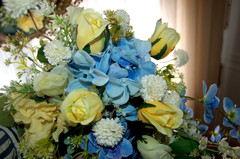 Handmade- One of a Kind Bridal Bouquet Silk, Blue, Yellow, White Cascade NEW