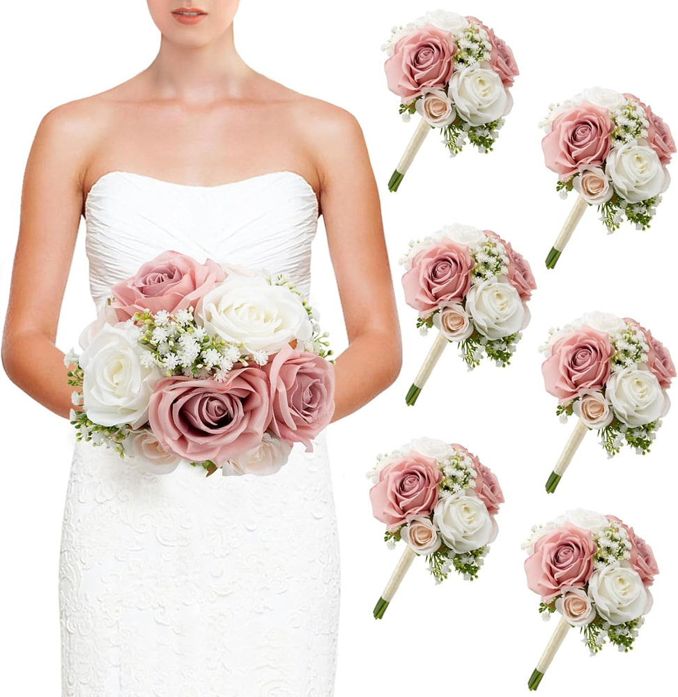 6Pc Bridesmaid Bouquets Artificial Silk Flowers Dusty Pink White Wedding Decor