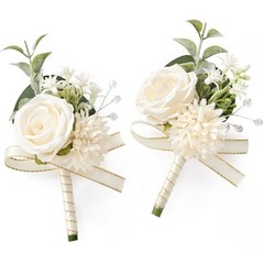 2 Pcs White Boutonniere for Men, Groom Groomsmen Best Boutonniere 2pcs A White