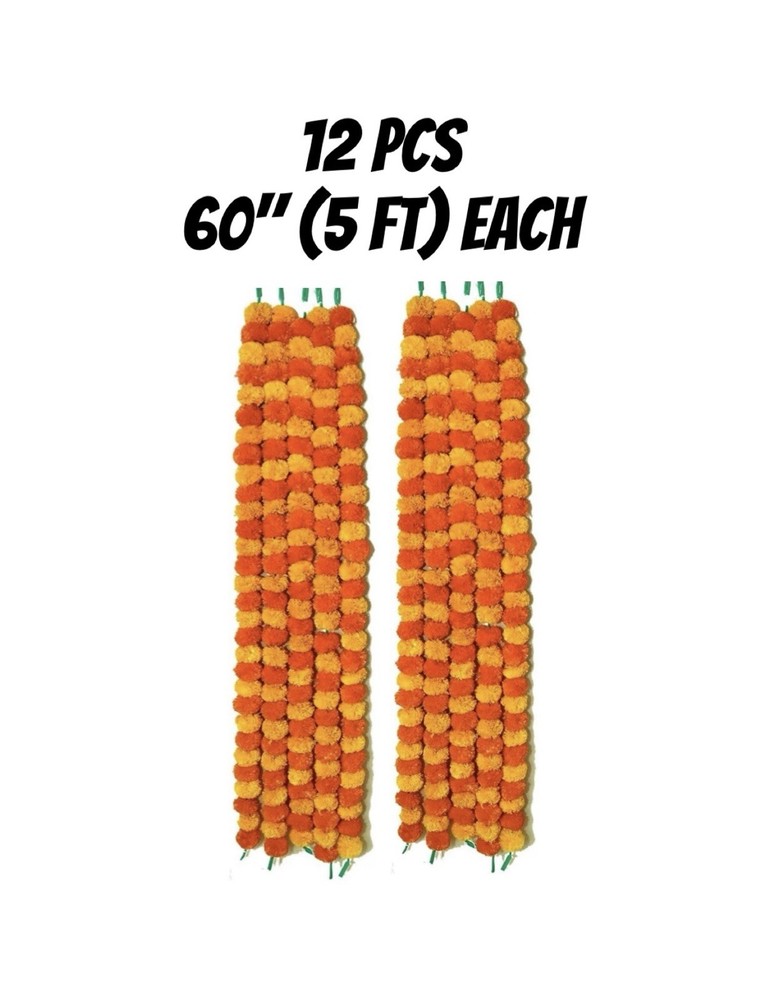 12 Pc Artificial Marigold Flower Garland Strings, 5 Ft Each, NEW