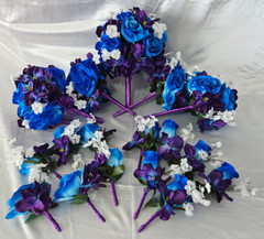Wedding Bouquet Set, Purple, Blue, White, Roses, Orchids, 17 Piece Wedding Pkg