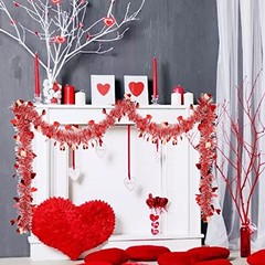 33 Ft Valentine’s Day Tinsel Garland,White Heart Metallic Hanging Garland Red
