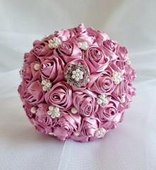 Bridal Bouquets Pink Satin Ribbon Roses, Crystal Brooches, Cream Pearl