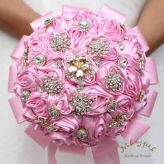 6.3″ Pink Bling Brooch Bouquet – Artificial Rose Flower for Bridal, Bridesmaid,