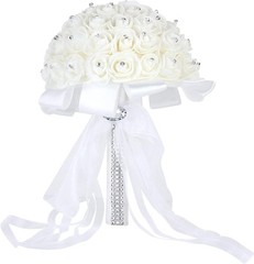 Delicate Rhinestone and Ribbon White-Crystal Bridesmaid Bouquet – 54 Foam Roses
