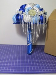 8″ Wedding Bouquet Royal Blue & White Artificial Closed Roses with Rhinestones
