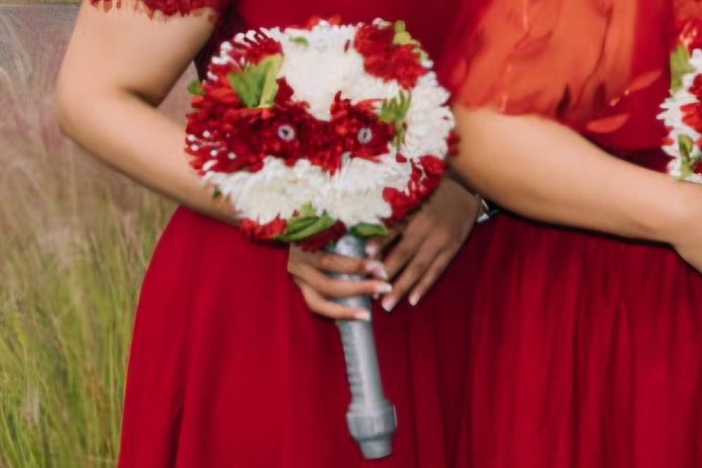 2 Silk Flower Bouquets Red/Ivory/Green w/Rhinestones & Faux Pearls 2 piece set