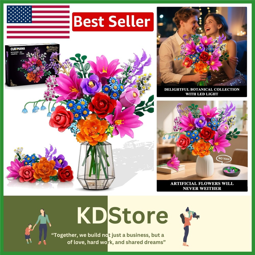 Elegant Flowers Bouquet Building Set with LED Light – 1054PCS for Creative Decor
