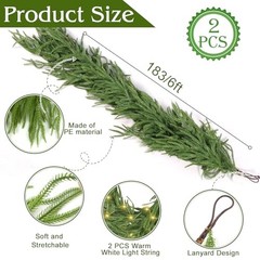 2Pcs 6 Ft Artificial Norfolk Pine Garland with 50 LED Lights,Winter Pine