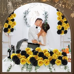 Yunlly 100 Pcs Artificial Flowers – Long Stem Silk Roses – Black & Gold