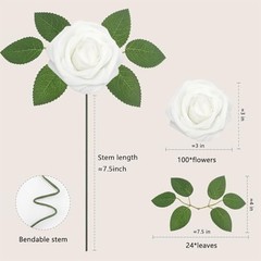 Artificial Flowers RosesPCS Real Looking Foam Fake Roses with Leaves 100 White