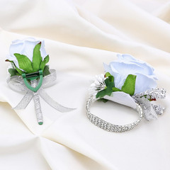 2Pcs Light Blue Rose Corsage and Men Boutonniere Set Women Wristlet Band Wris…