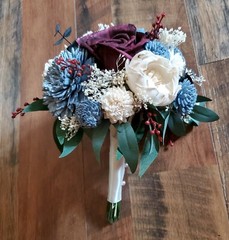 Burgundy Dusty Blue Sola Wood Bridal Bouquet Artificial Cascade Wedding Flowers