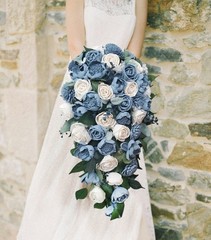 30″ Long Dusty Blue Cascade Bridal Bouquet White Sola Wood Rose Wedding Flowers