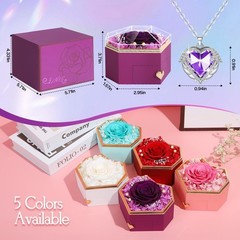 Preserved Real Rose with Necklace Forever Flowers Diamond shaped Box Purple