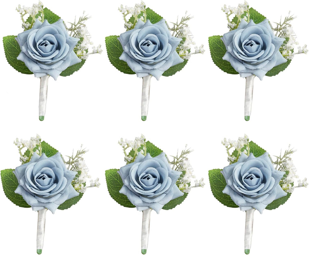 Dusty Blue Rose Boutonniere for Men Wedding, Set of 6, Wedding Flower