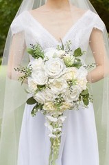 12 Inch Cascade Wedding Bouquets for Bride, Ivory & Champagne Cascading Brida…