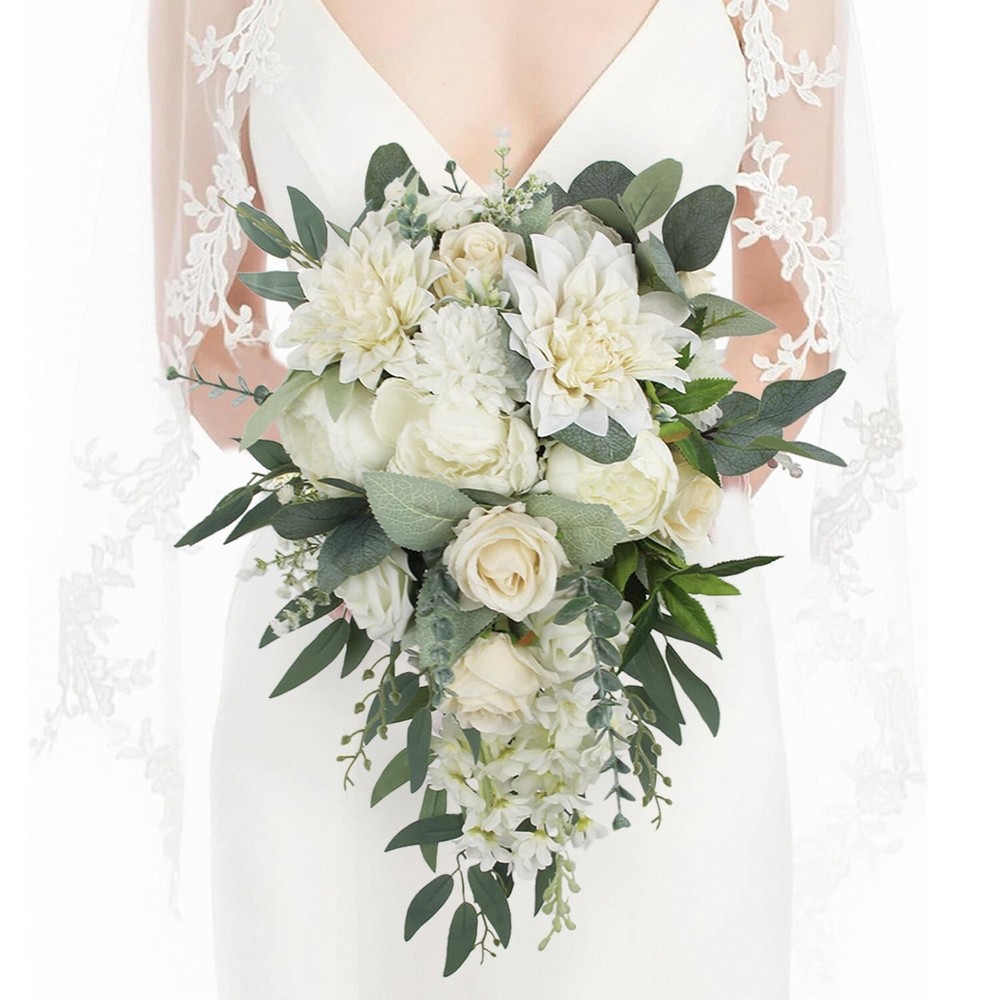 Rinlong White Green Cascade Bouquet Wedding Bouquets for Bride Cascading Wedd…
