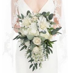 Rinlong White Green Cascade Bouquet Wedding Bouquets for Bride Cascading Wedd…