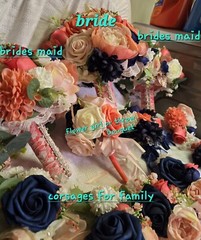 12 PC Blue,Coral,Ivory, Light Rose Wedding Bouquet Set Lace And Bling