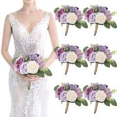 Artificial Bridesmaid Bouquets 6 Pcs – 7 Inch Pre-made 6pcs Bouquets, Lilac