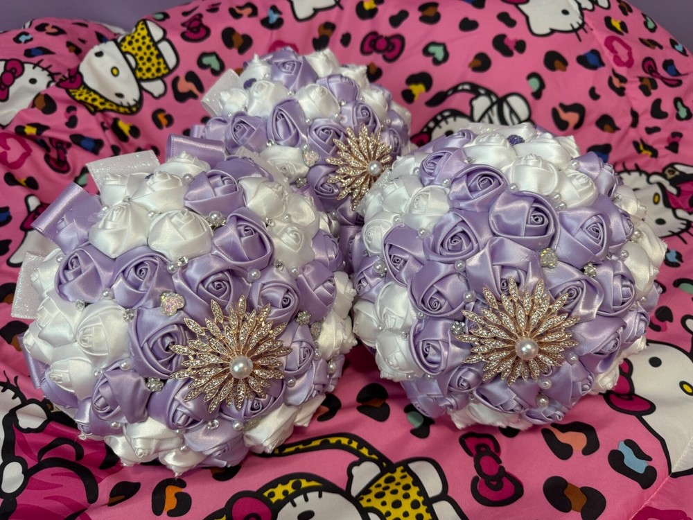 satin ribbon rose bridesmaid bouquets lavender and white