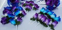 25 pc, Wedding Bouquet Package, Blue & Purple Roses, White Flower, White Ribbon