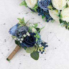 Navy Blue & White Bridesmaid Bouquets – Set of 6 Artificial Flower Arrangements