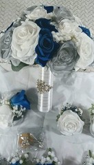 10″ Wide Bridal Bush Bouquet & 14 Corsages – 3 Double Rose Wrist 11 Chest – NEW