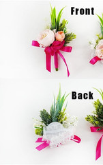 Artificial Rose Wrist Corsage – Fuchsia & Peach Flowers with Greenery – Wedding,