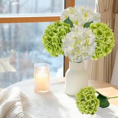 4 Pcs Artificial Hydrangea Flowers, Real Touch Silk Hydrangeas with Green White